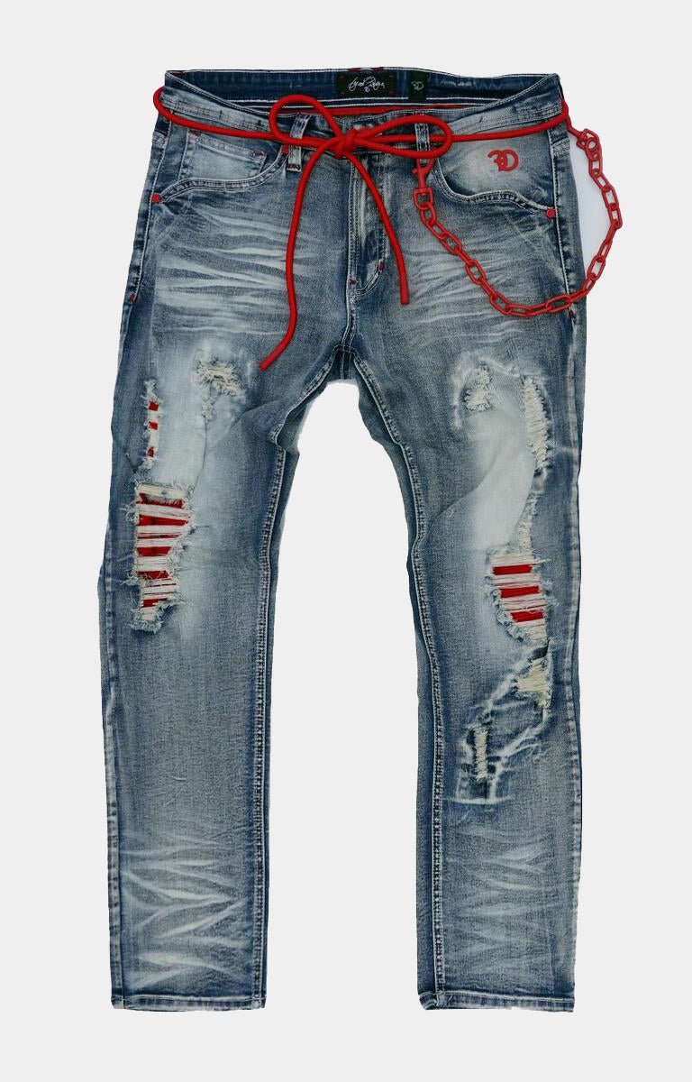Frost Shredded Jeans W/Cord & Chain - Blue