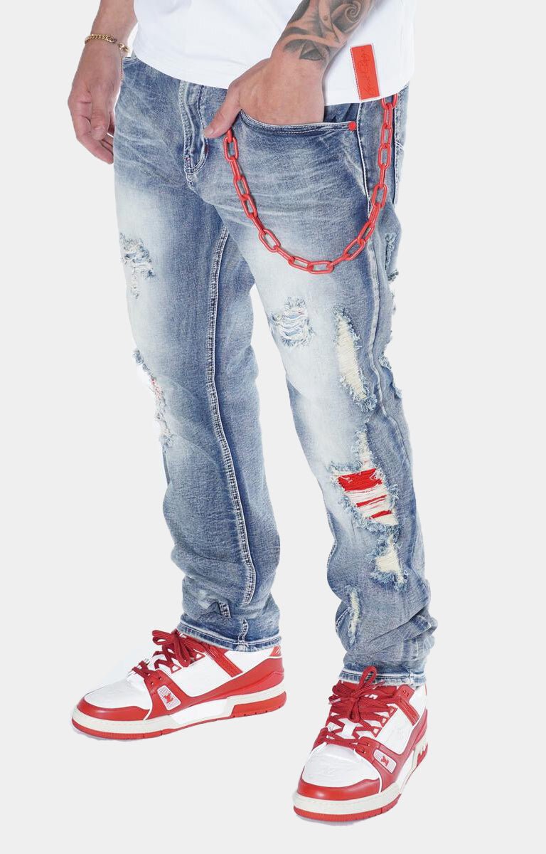 Frost Shredded Jeans W/Cord & Chain - Blue