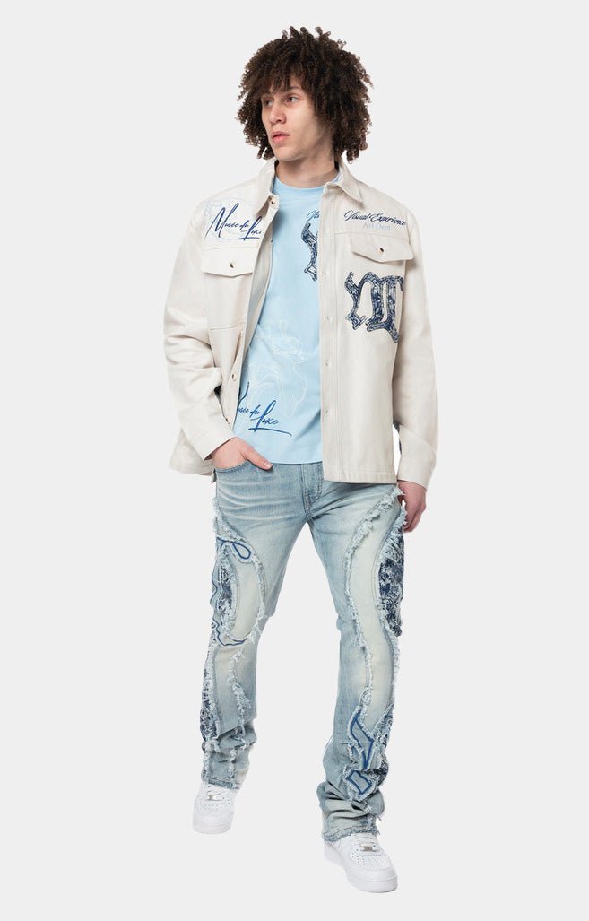 Smoke Rise Long Sleeve Over Shirt with Tapestry and Embroidery - White