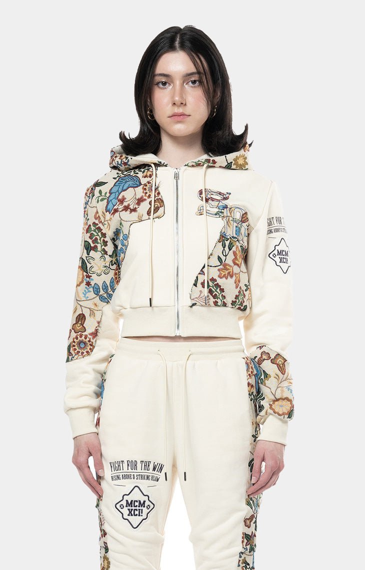 Smoke Rise Tapestry Zip Up Crop Hoodie for Women - Cream/White