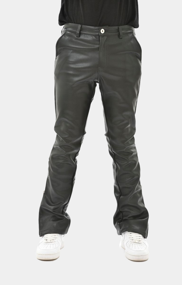 VEGAN LEATHER FLARED FIT W/SIDE ZIPPER CONTRAST DETAIL