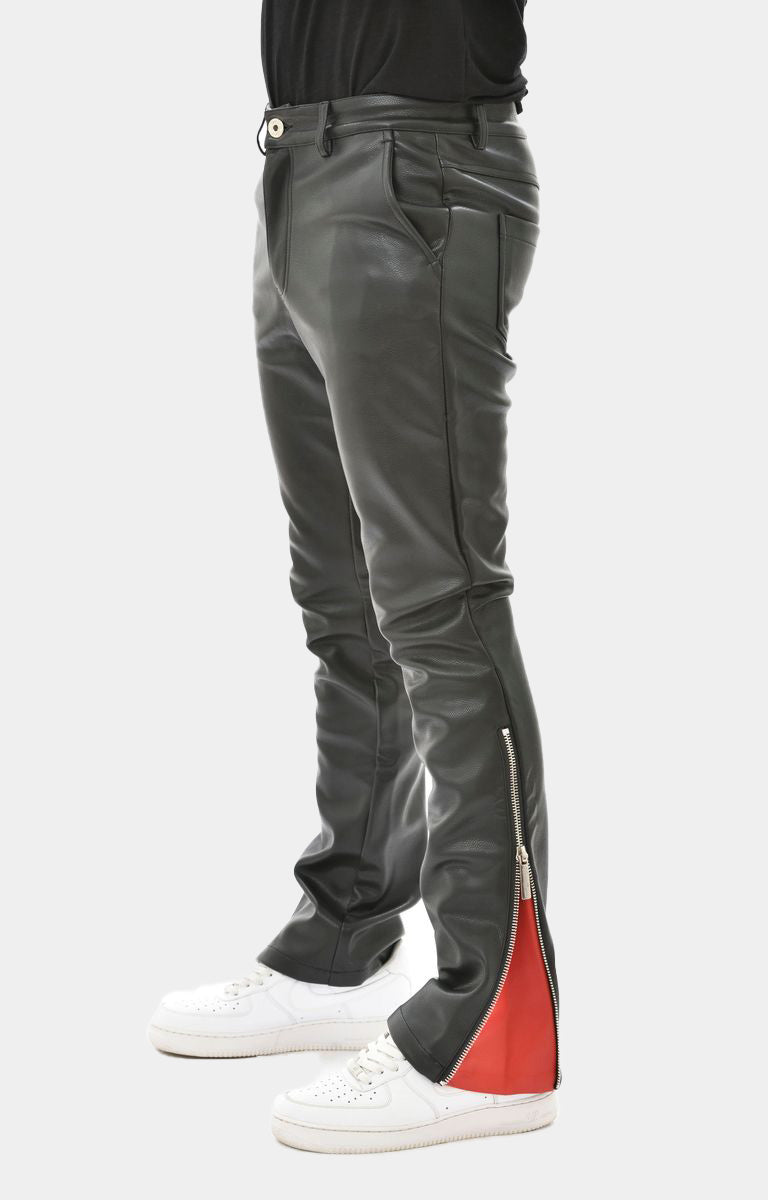 VEGAN LEATHER FLARED FIT W/SIDE ZIPPER CONTRAST DETAIL