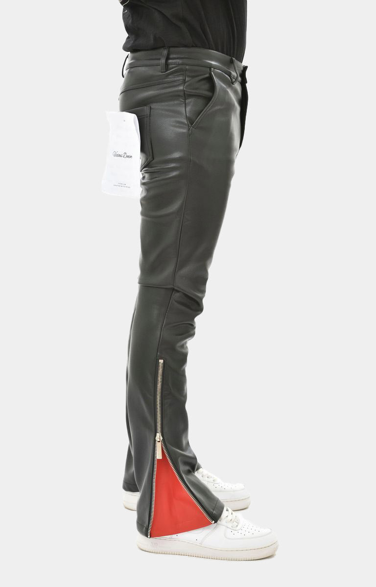 VEGAN LEATHER FLARED FIT W/SIDE ZIPPER CONTRAST DETAIL