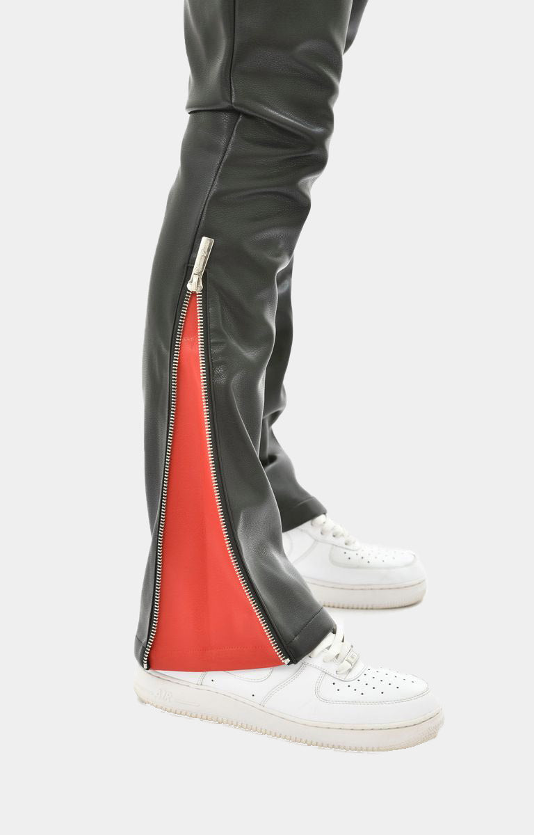 VEGAN LEATHER FLARED FIT W/SIDE ZIPPER CONTRAST DETAIL