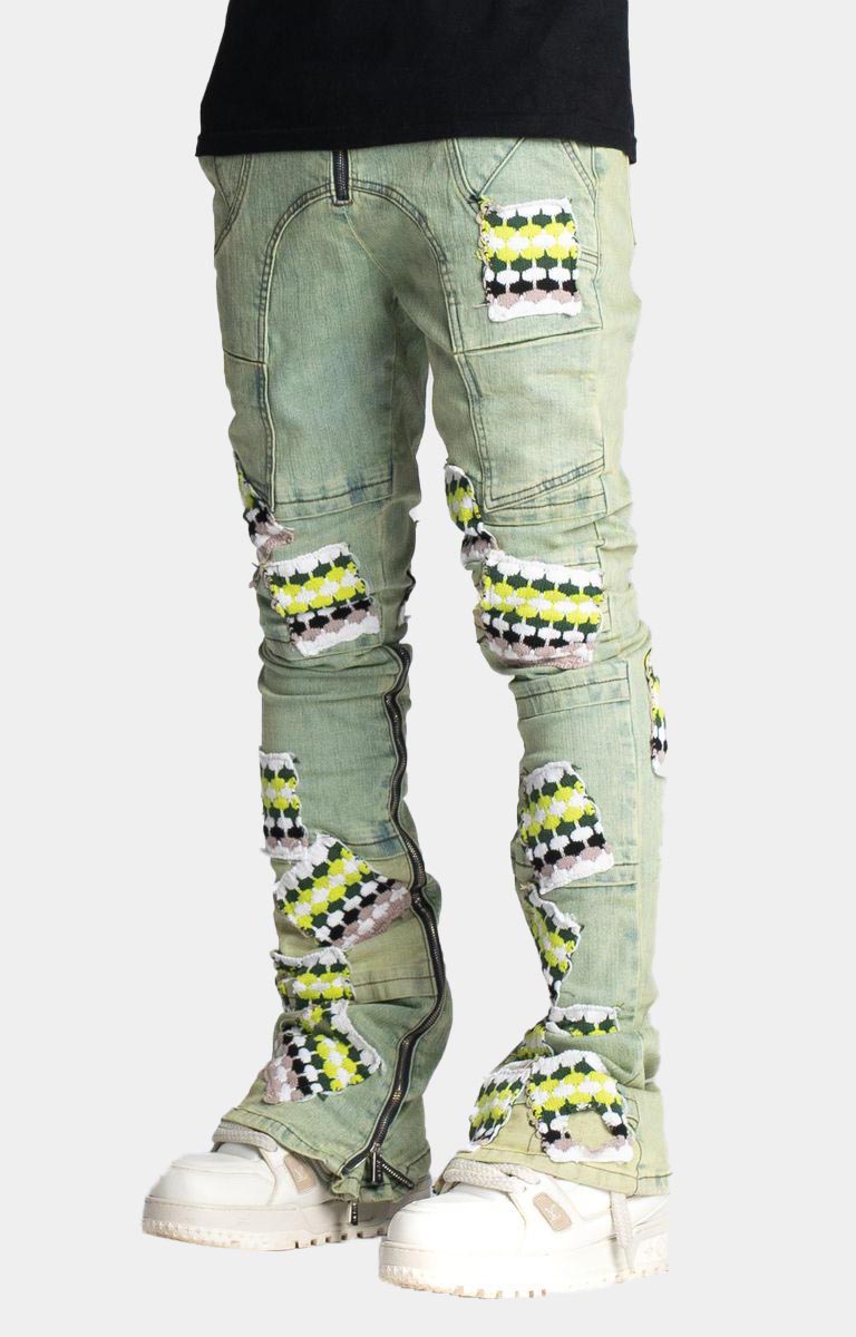 Guapi Slime Green Knit Patches Denim