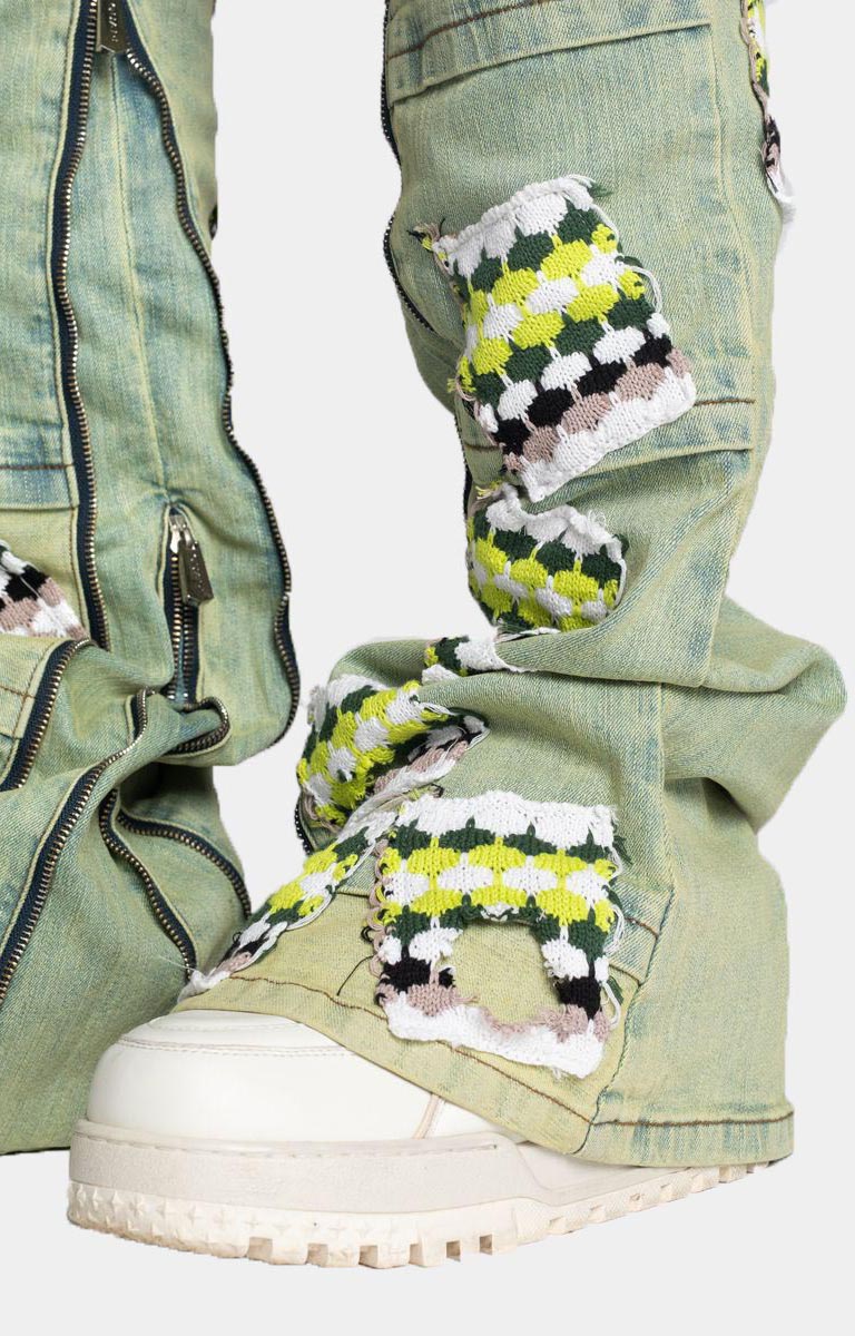 Guapi Slime Green Knit Patches Denim