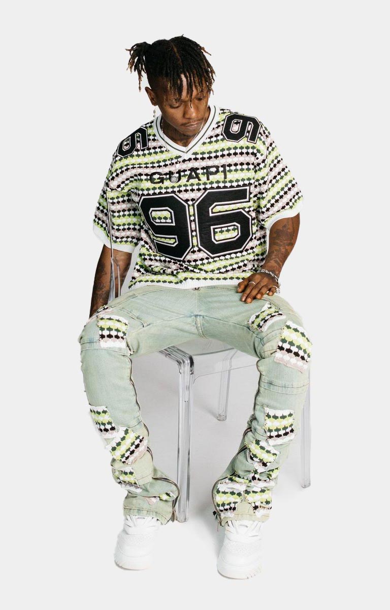 Guapi Slime Green Knit Patches Denim
