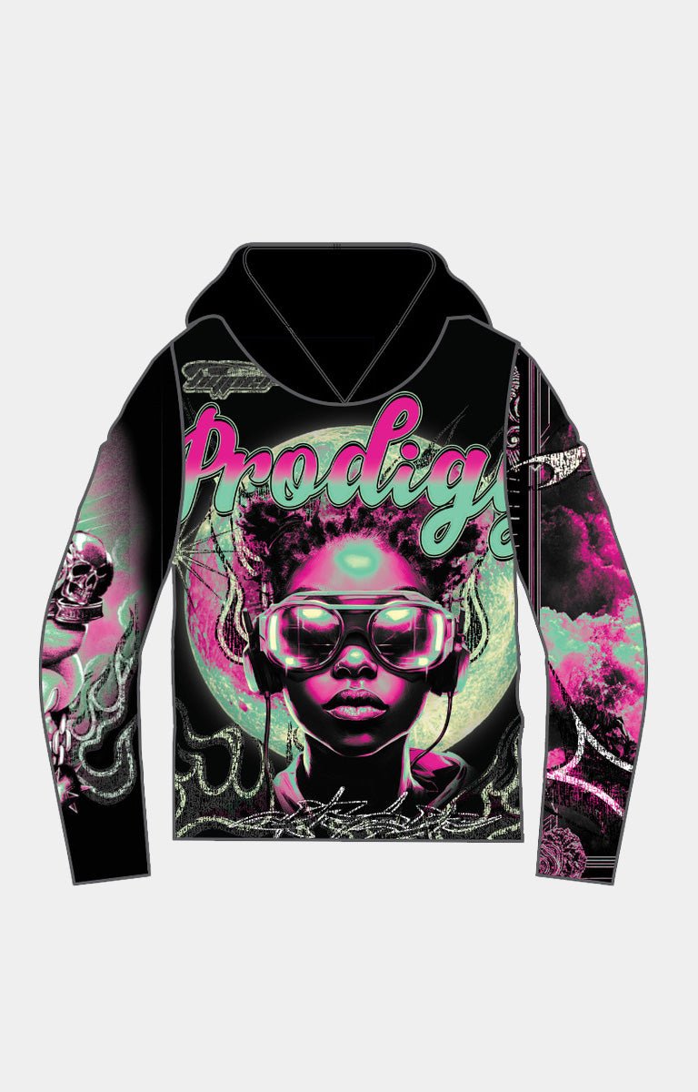 Majestik Men’s Prodigy Rhinestone Tapestry Cropped Hoodie - Black/Pink