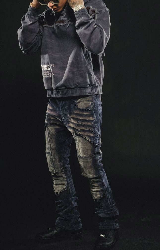 WASHED VELVET FLARE DENIM WITH STONES DETAILS