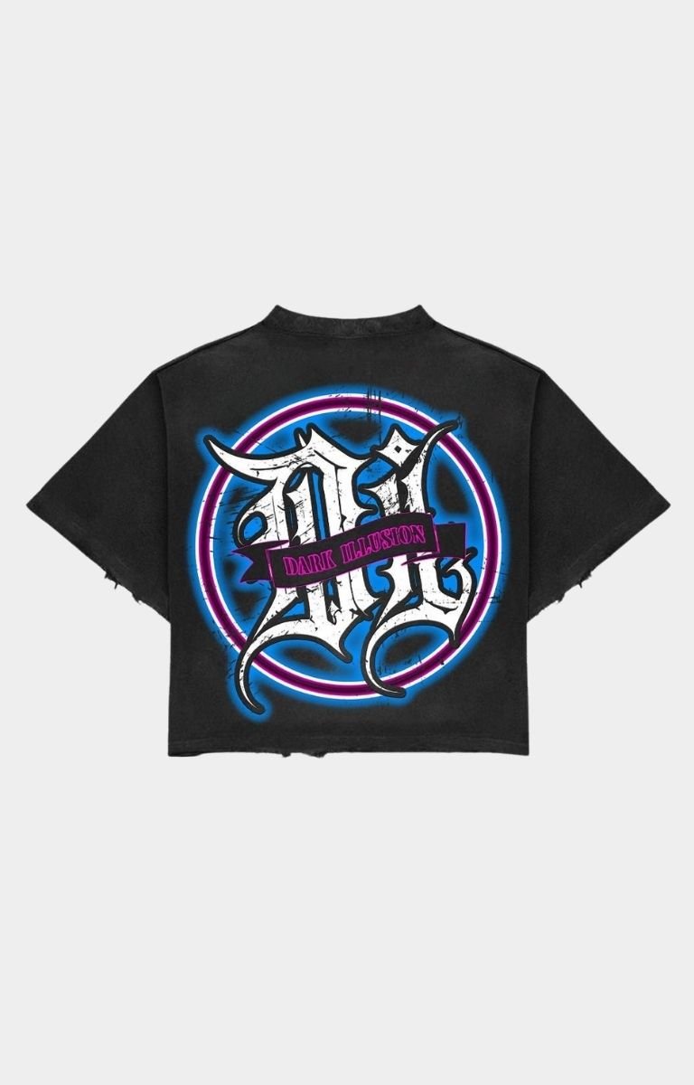 Dark Illusion Skull Wave Oversized Crop Tee - Black/Blue