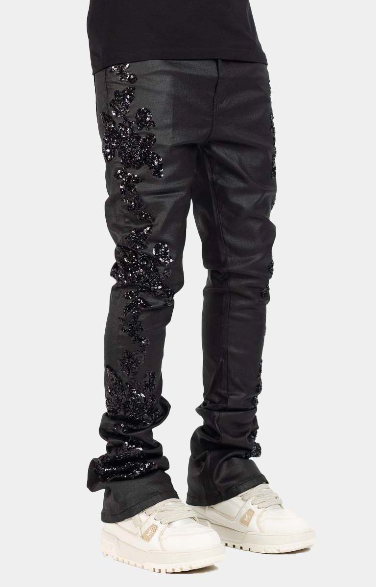 Guapi All Black Flowers Embellished Denim