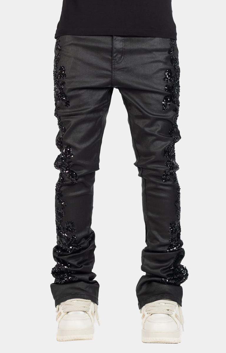 Guapi All Black Flowers Embellished Denim