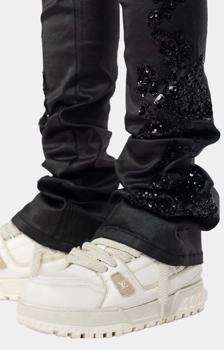 Guapi All Black Flowers Embellished Denim