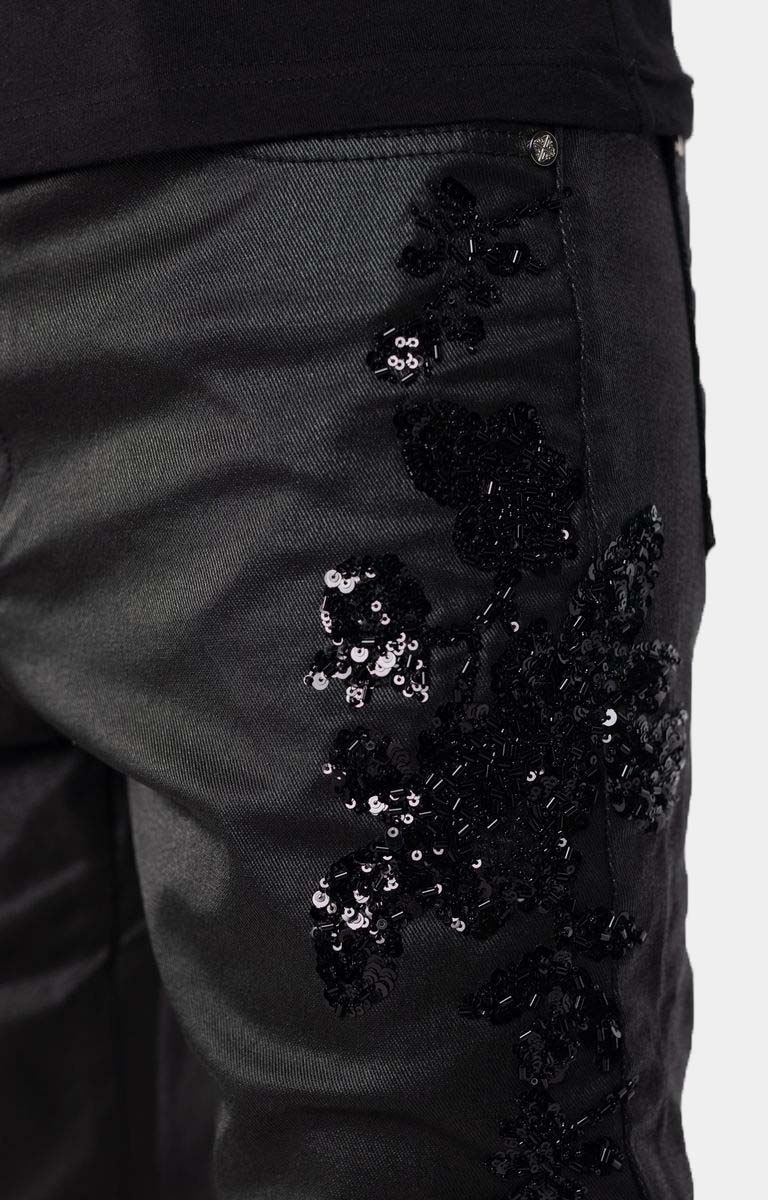 Guapi All Black Flowers Embellished Denim