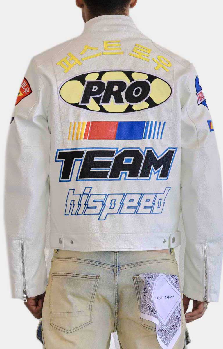 First Row Motor Raching Leather Jacket - White