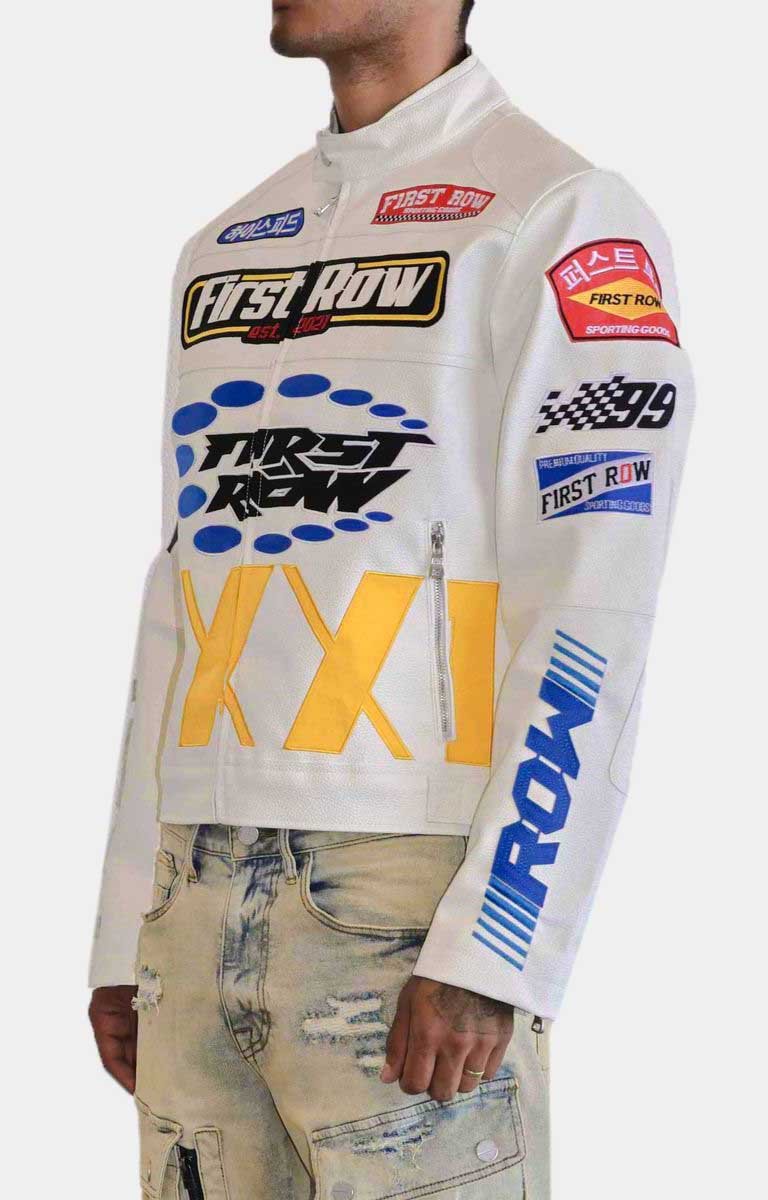 First Row Motor Raching Leather Jacket - White
