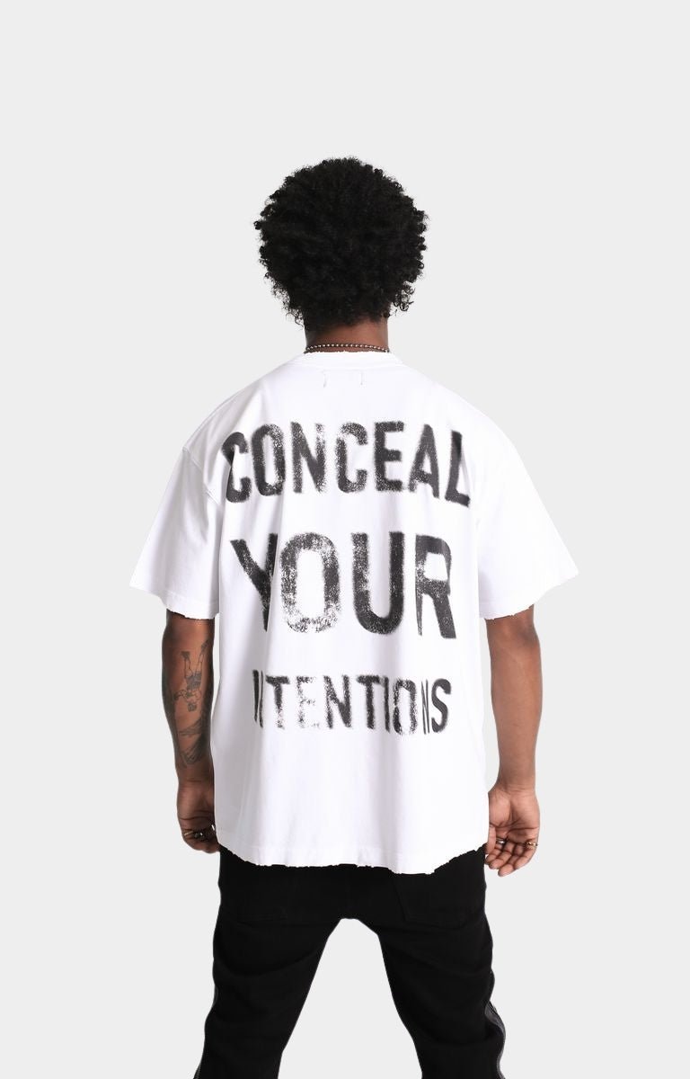Drop shoulder fit of Conceal Your Intentions unisex streetwear t-shirt.