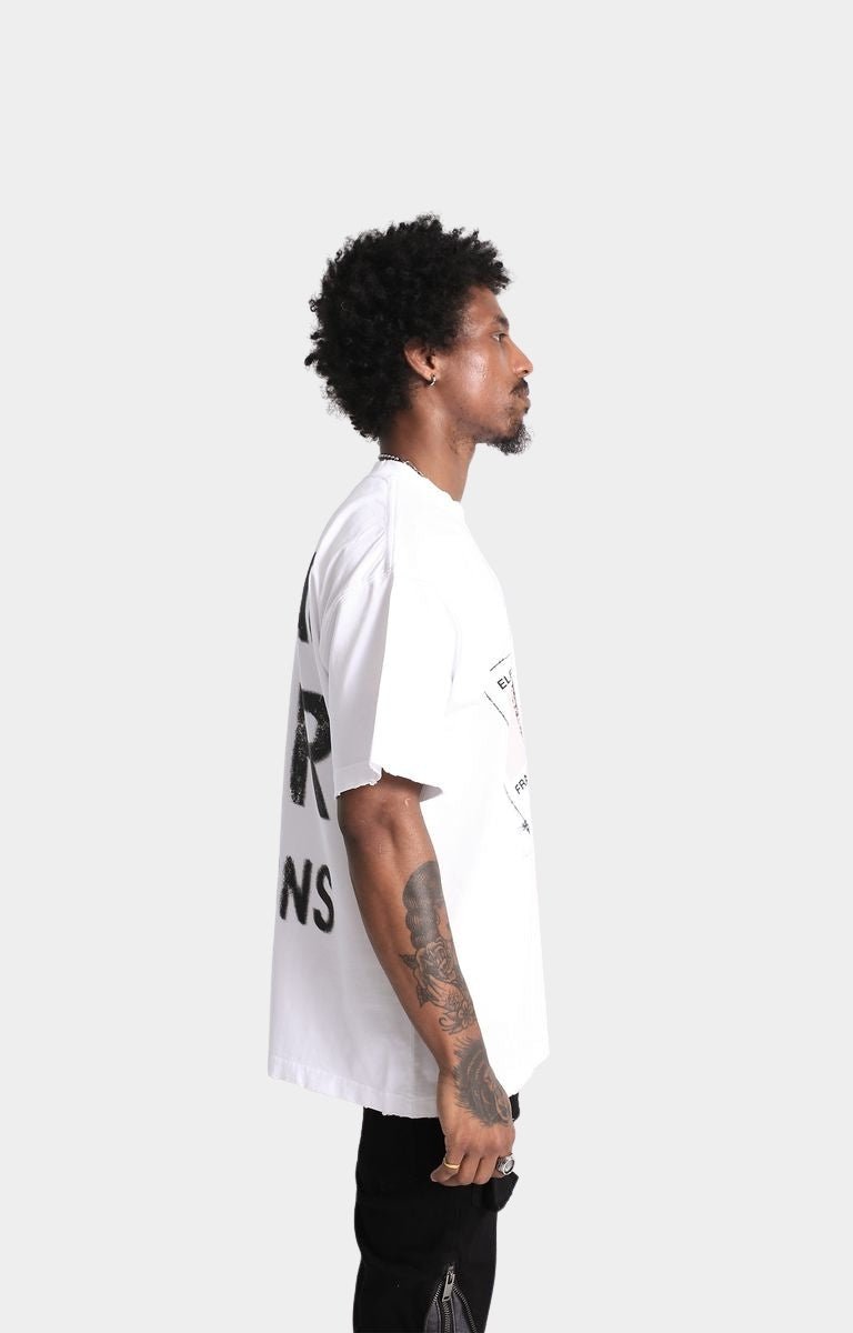 Side profile of Conceal Your Intentions oversized streetwear shirt.