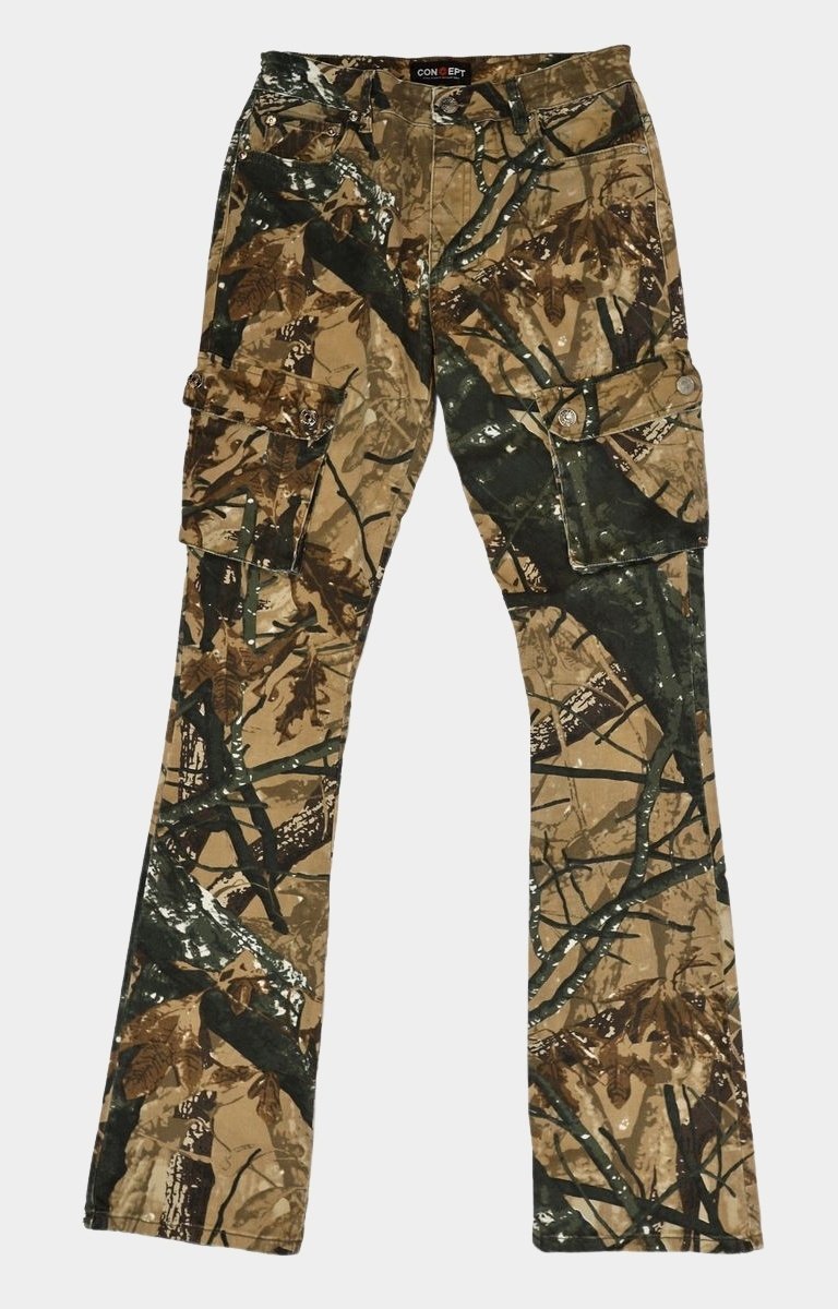 Close-up detail of camo fabric and pocket stitching on Hunter Jeans.