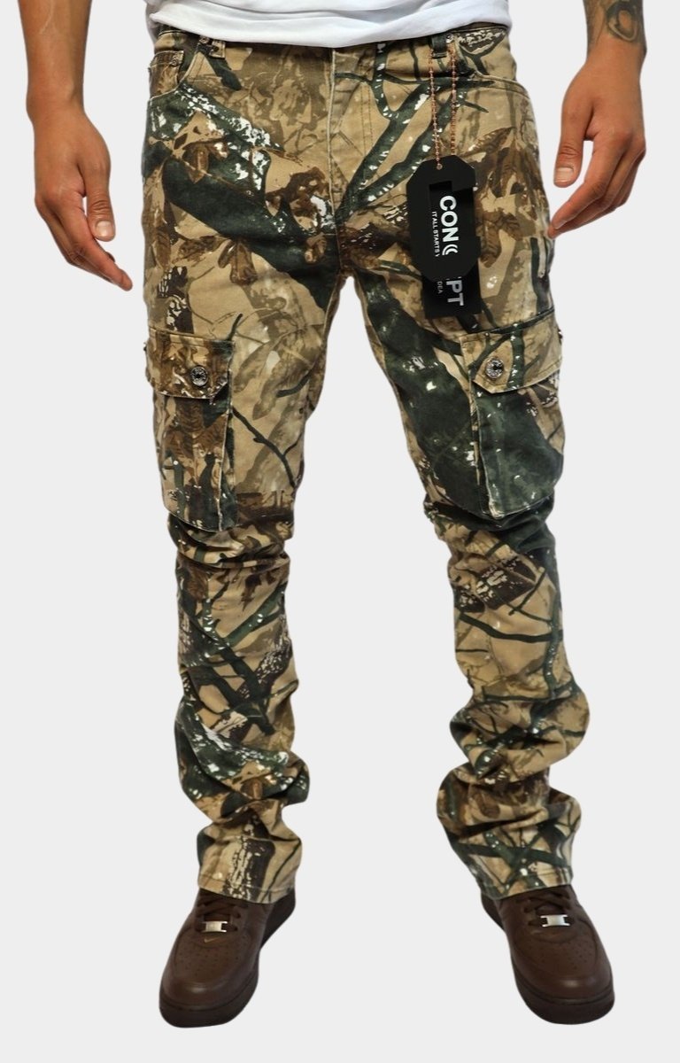 Front view of Concept LA Hunter Jeans in Camo with cargo pockets.