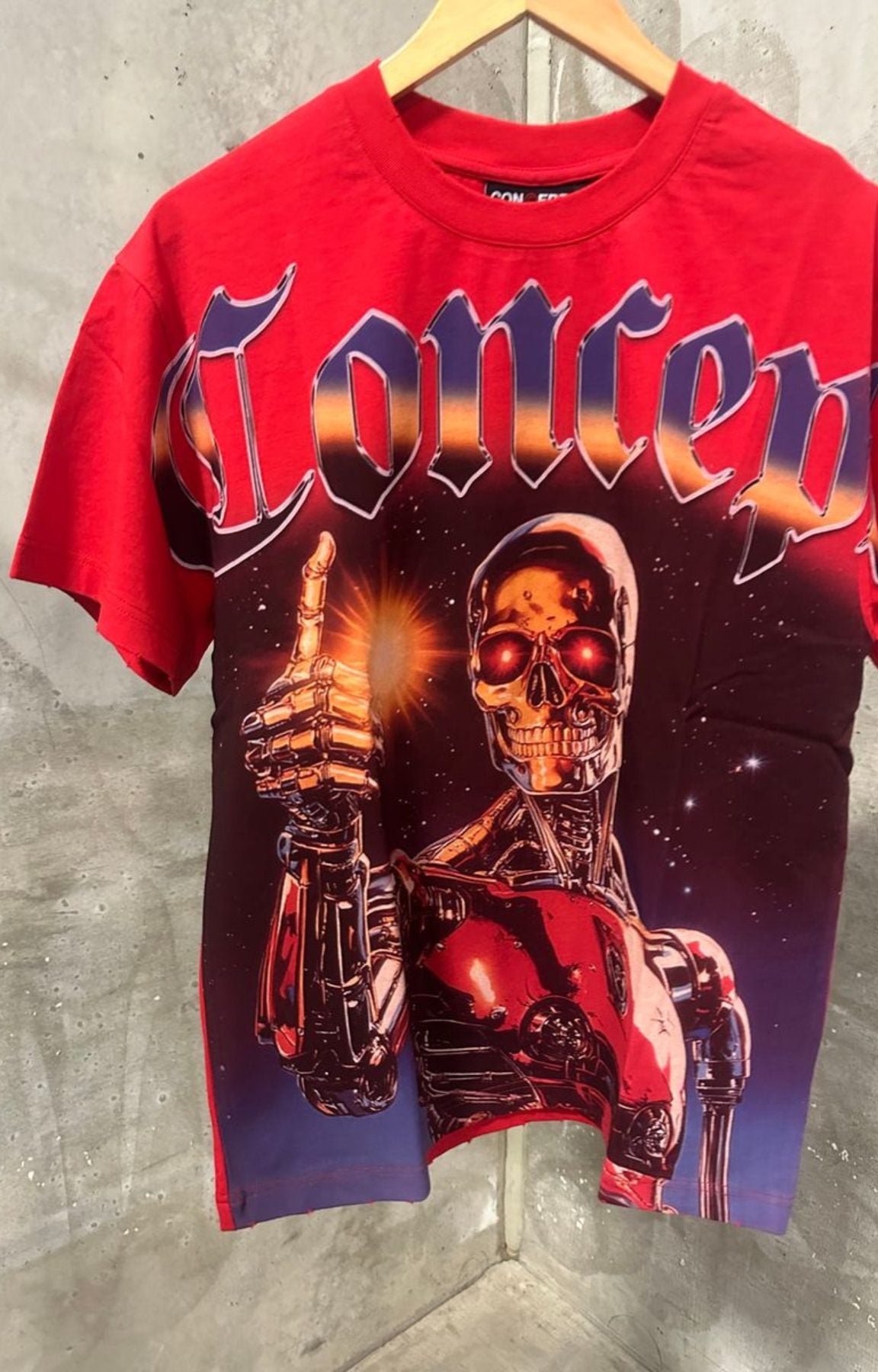 Concept Star Light Tee Red – Futuristic Chrome Skeleton Design.