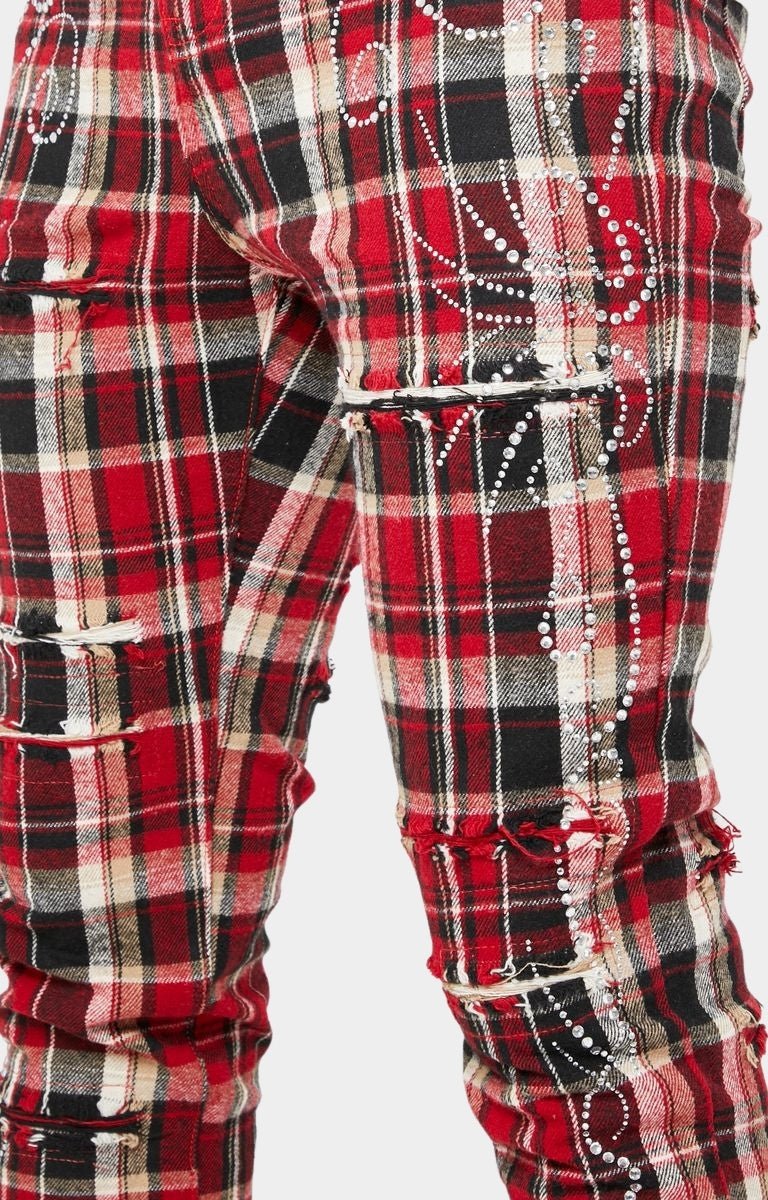 Guapi Blood Red Embellished Flannel Pants – Stacked Skinny with Rhinestones & Distressed Details
