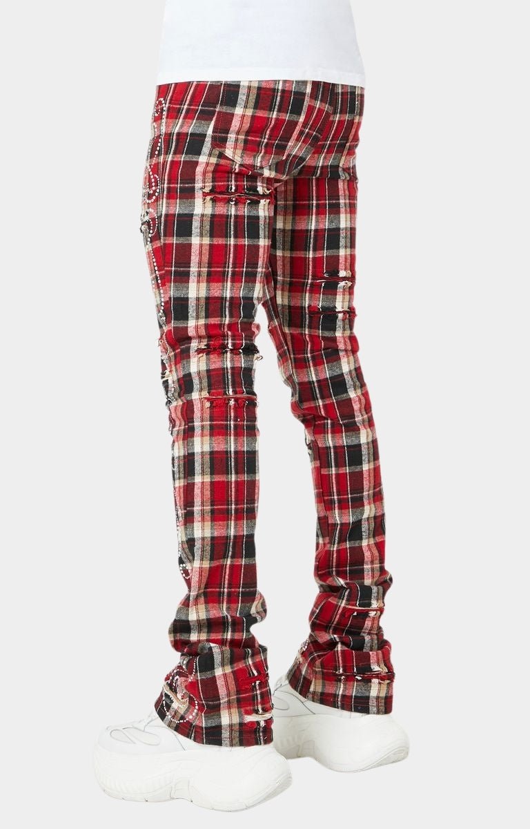 Guapi Blood Red Embellished Flannel Pants – Stacked Skinny with Rhinestones & Distressed Details