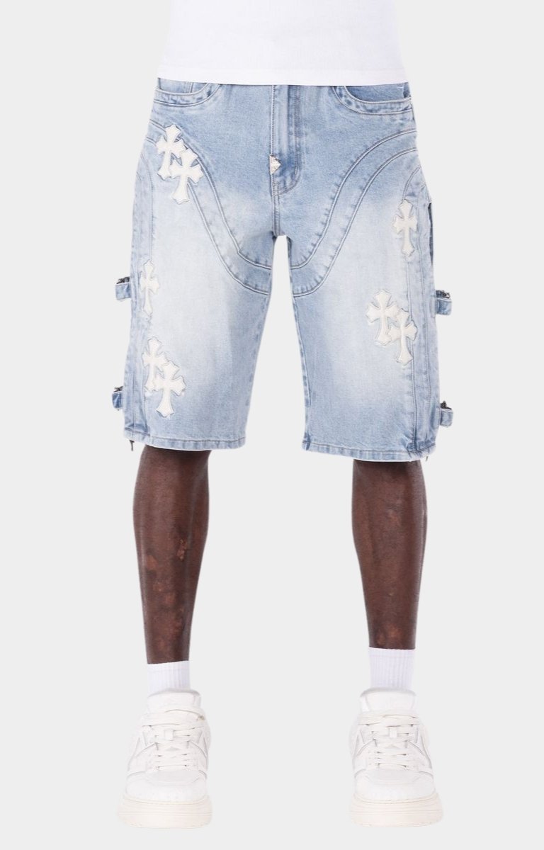 Guapi Aqua Blue Cross Buckle Denim Shorts | Luxury Streetwear