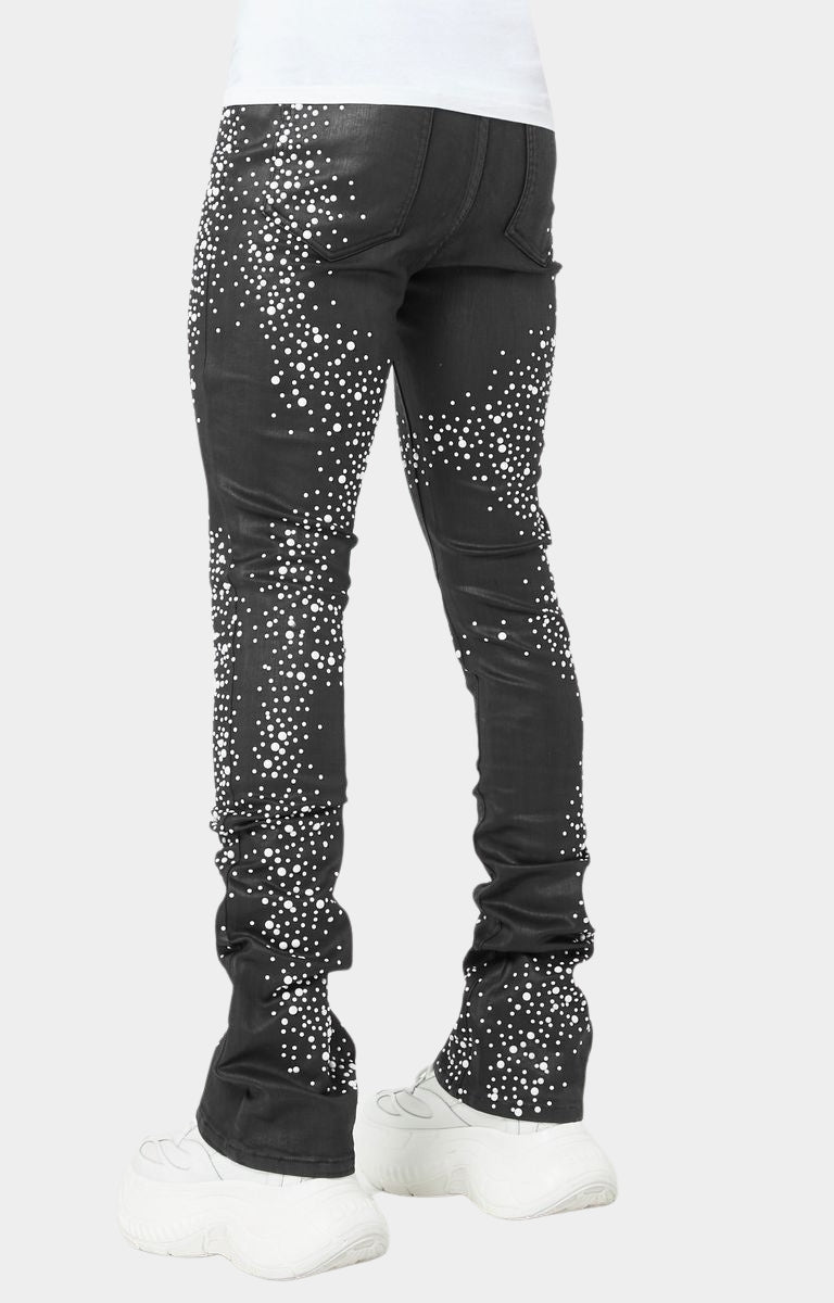 Luxury streetwear black jeans with pearl embellishments.