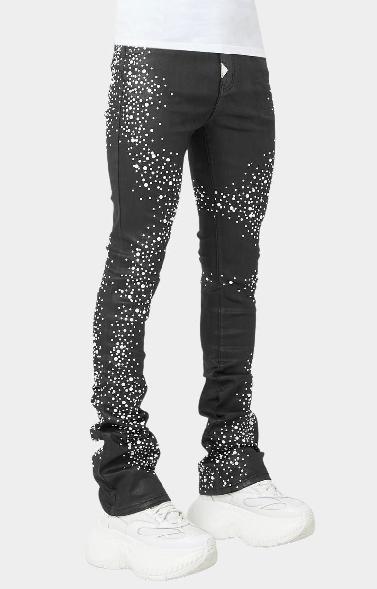 Designer pearl-embellished black denim pants by GUAPI.