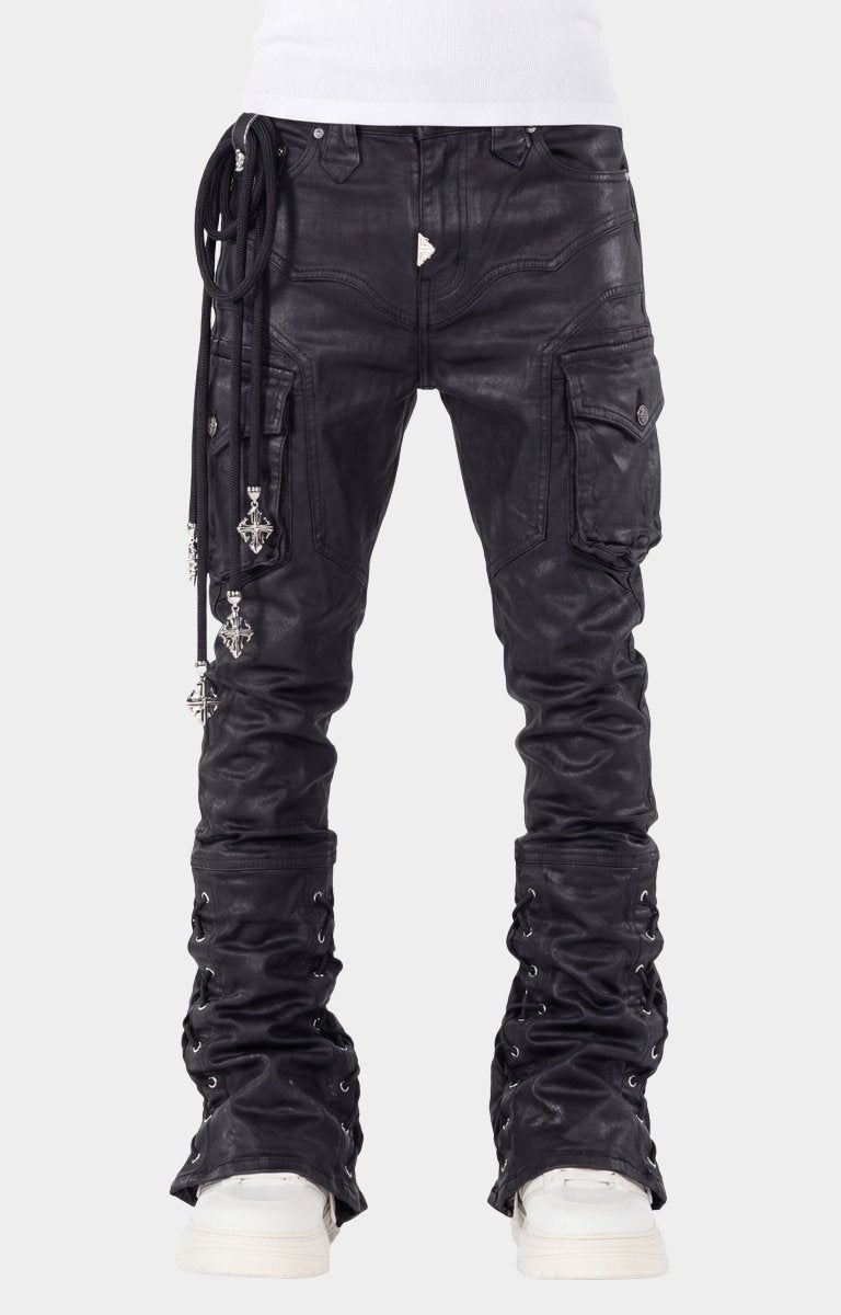 Guapi Black Waxed Rope Denim | Lace-Up Flared Cargo Jeans