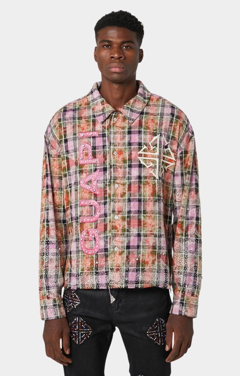 Guapi Blush Pink Rhinestone Flannel | Rhinestone Plaid Streetwear