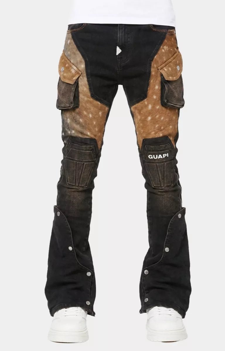 GUAPI Brown Cowhide Cargo Stacked Denim | High Street Brands Co.
