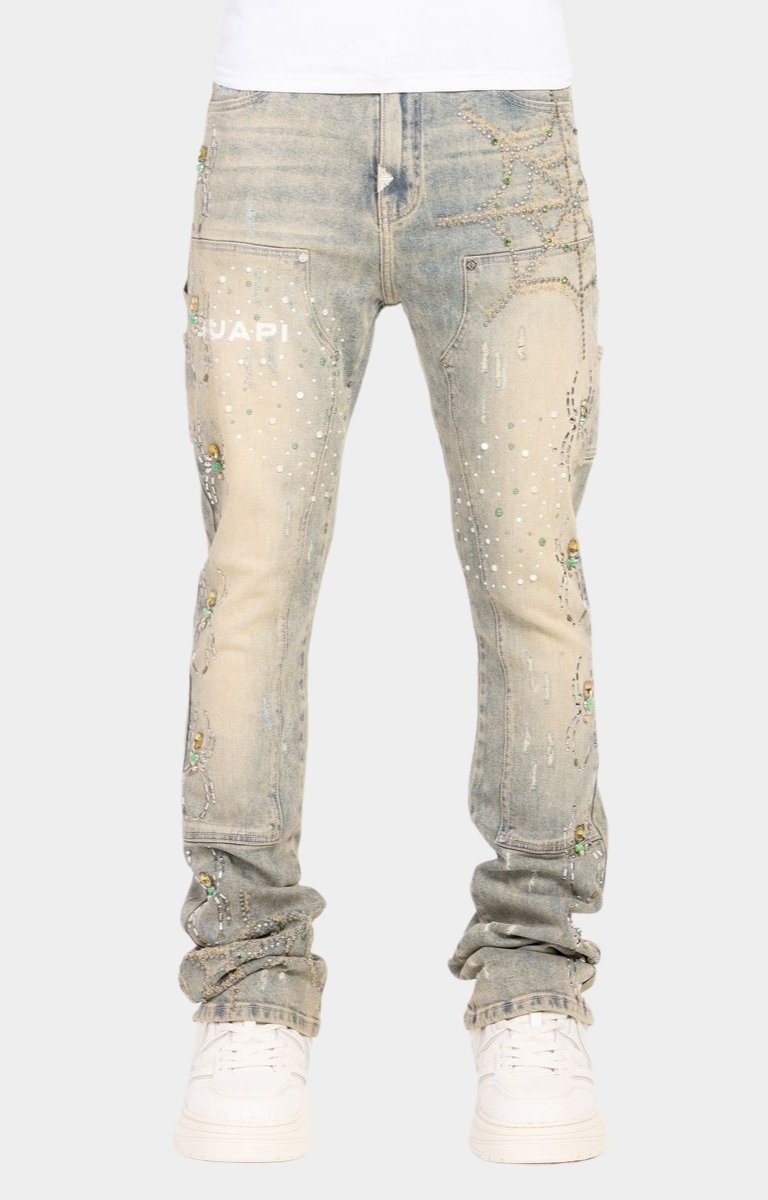 Guapi Emerald Spider Rhinestone Stacked Denim Jeans | Luxury