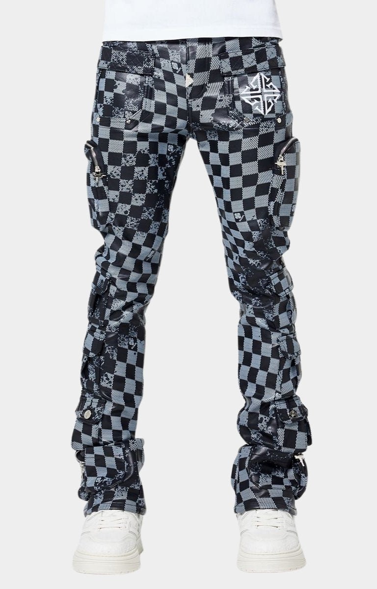 Guapi Obsidian Black Checkerboard Leather Pants | Luxury Stacked