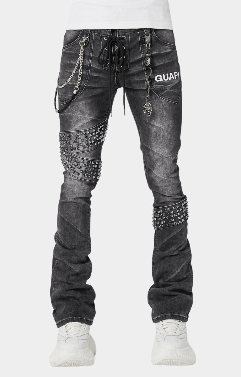 Guapi Obsidian Black Warpath Denim | Studded Chain Stacked Jeans