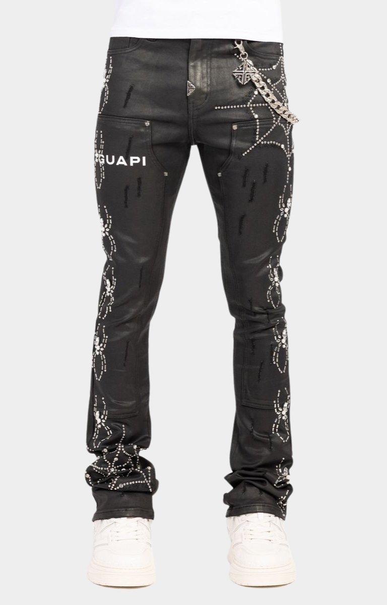 Guapi Obsidian Black Waxed Spider Denim | Rhinestone Web Jeans