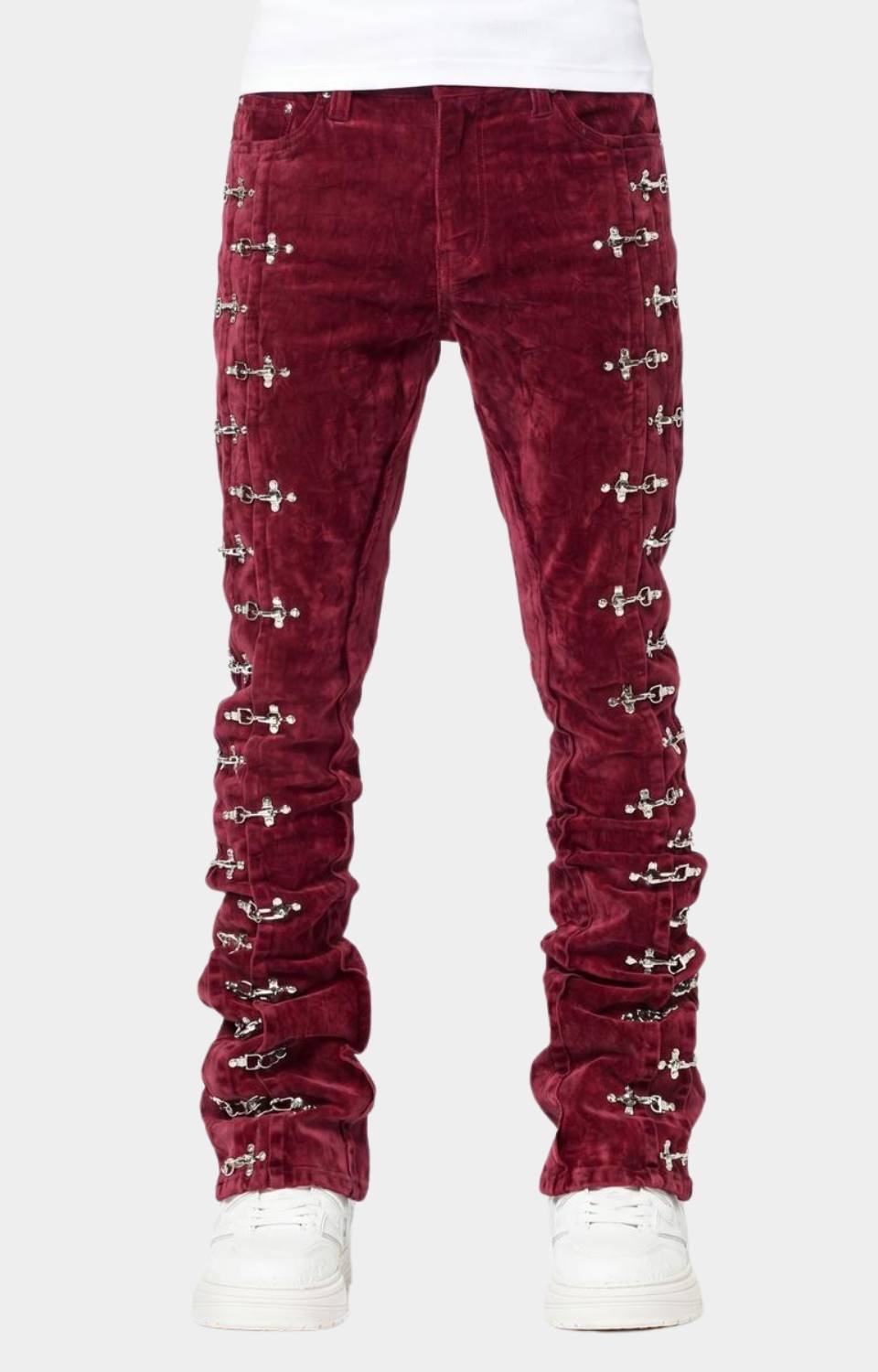 Guapi Red Velvet Aviation Clasp Stacked Pants | Luxury Streetwear