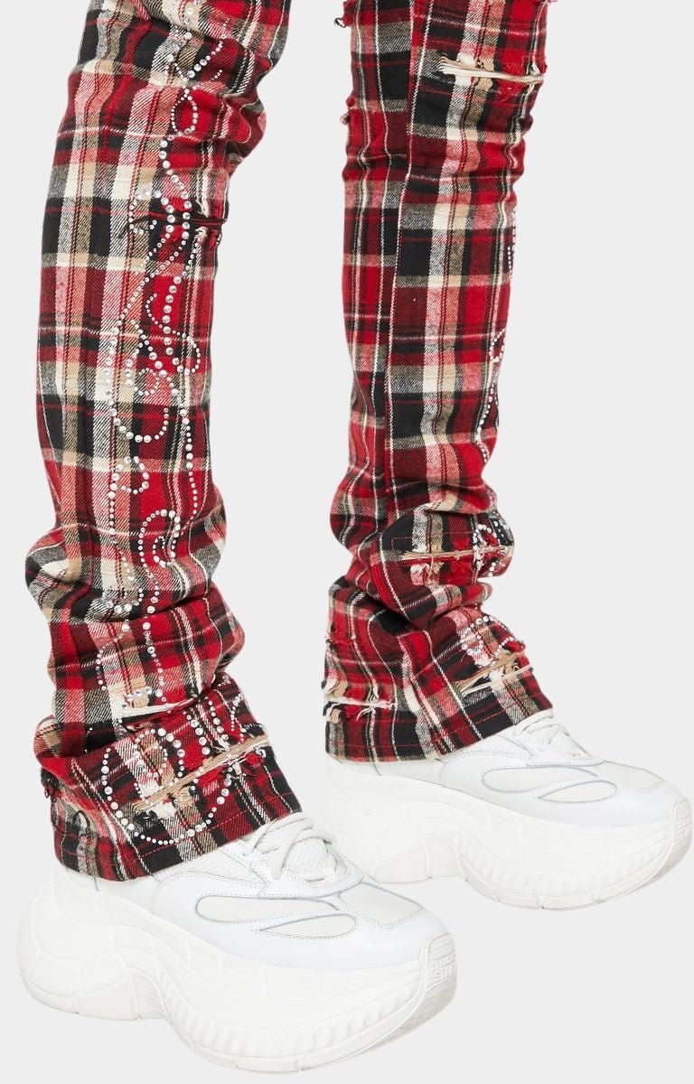 Guapi Blood Red Embellished Flannel Pants – Stacked Skinny with Rhinestones & Distressed Details