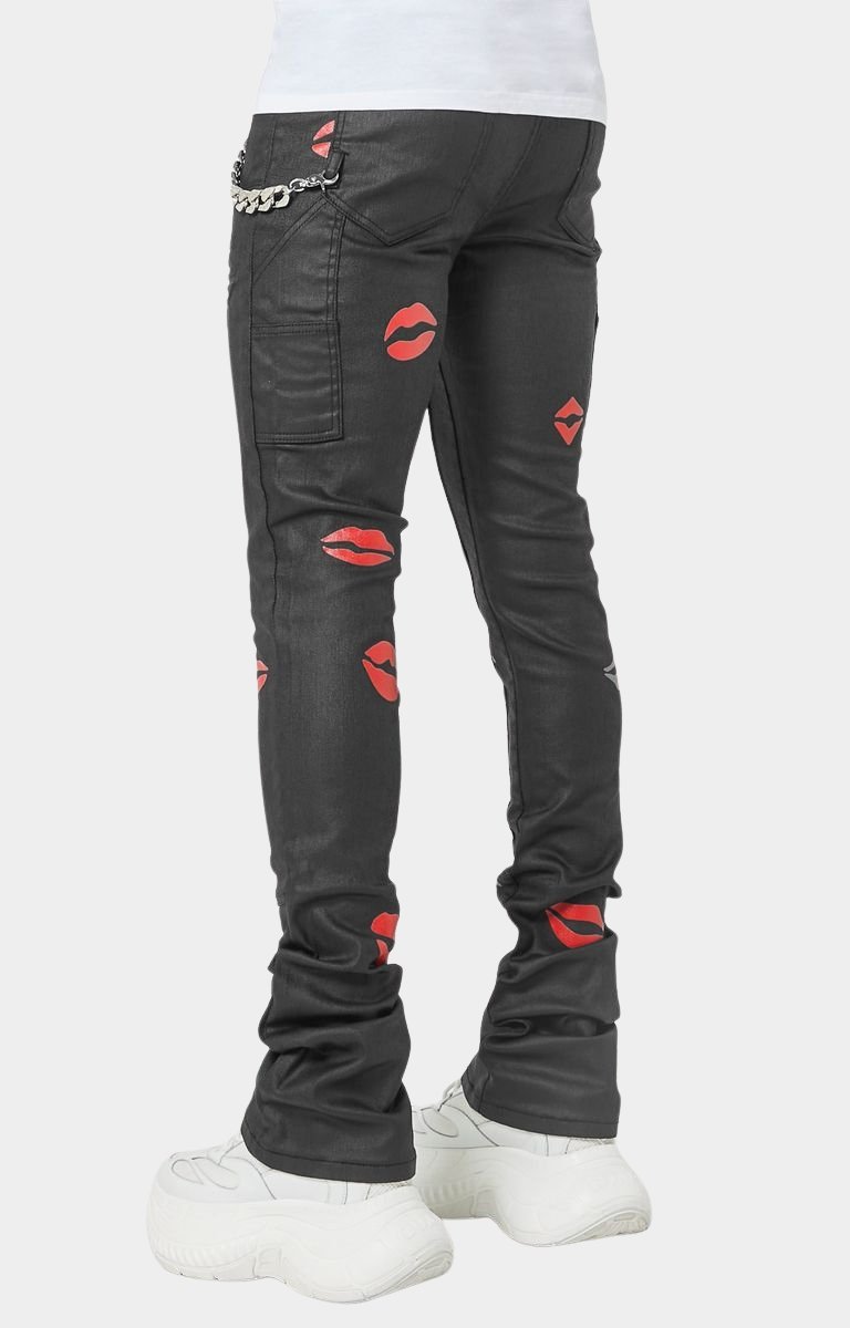 GUAPI Waxed Kiss Stacked Denim back view with kiss prints.