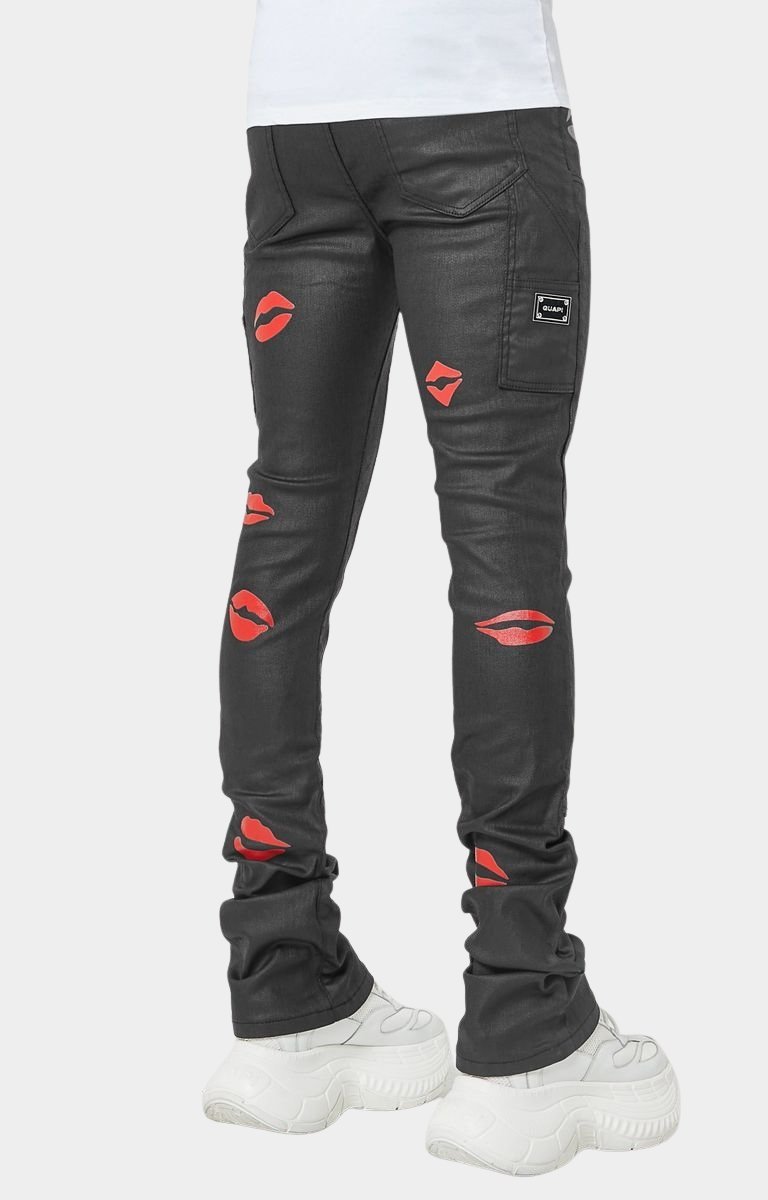 Premium black waxed denim texture with red kiss design.