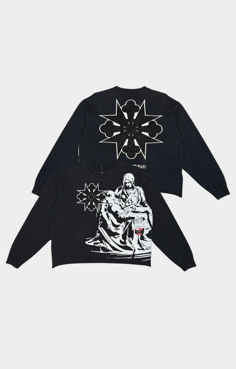 Flat lay of GUNZINII Caring Crew Sweatshirt in black with rhinestone details