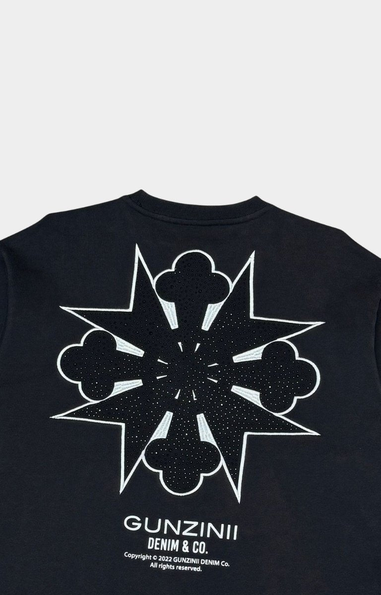 Styled look featuring GUNZINII Rhinestone Caring Crew Sweatshirt black edition