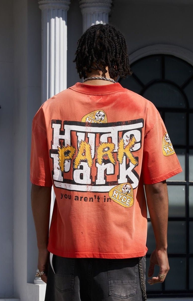 Model wearing Hyde Park Ferrari Tee red back view.