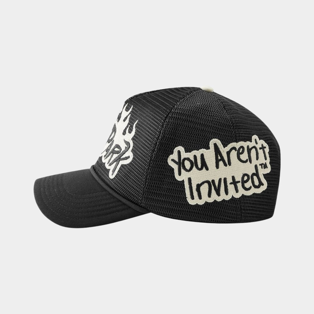 Side view of Hyde Park Nothing But Net black streetwear trucker hat
