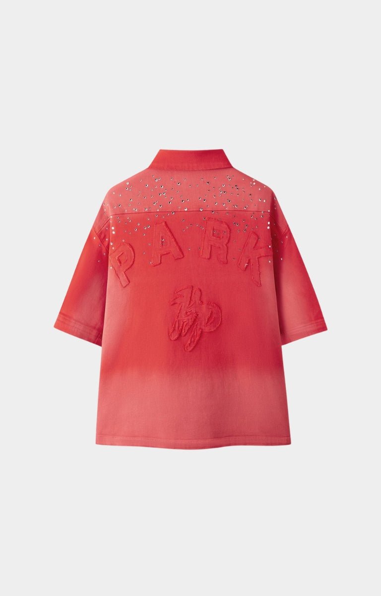 Hyde Park button-down red denim shirt with side pockets.