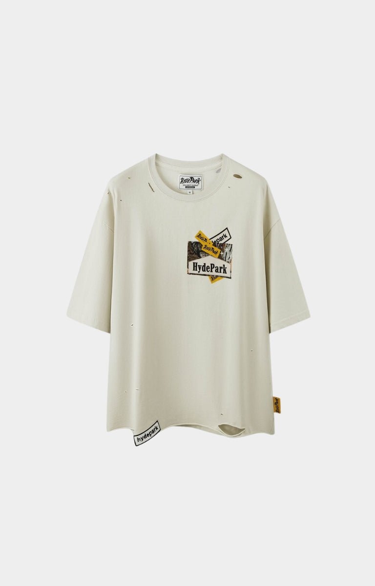 Front view of Hyde Park Ciggy Cig Forest Camo SST Cream streetwear tee