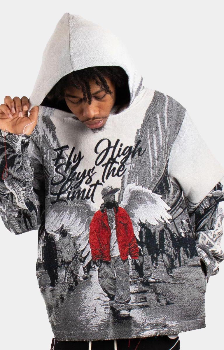 Majestik Fly High Hoodie White – Close-up of Jacquard Tapestry Detail.