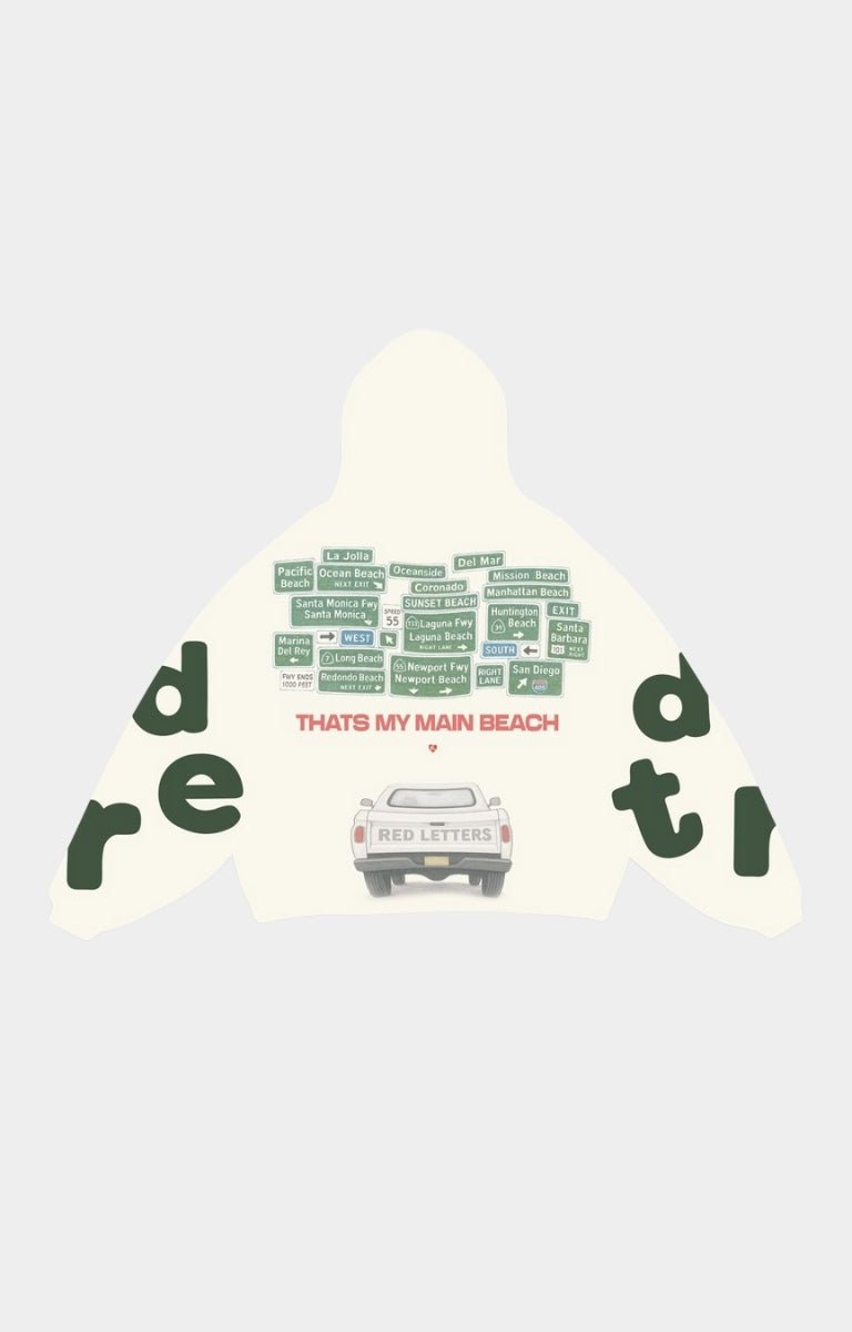 Back view of Red Letters Main Beach Scattered Hoodie showing design details.