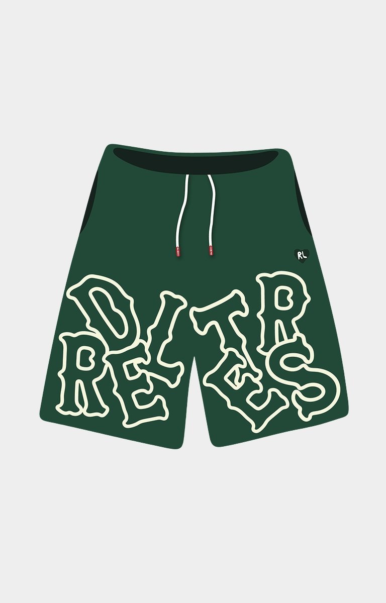Detail of adjustable drawstrings with red wax tips on green sweat shorts.